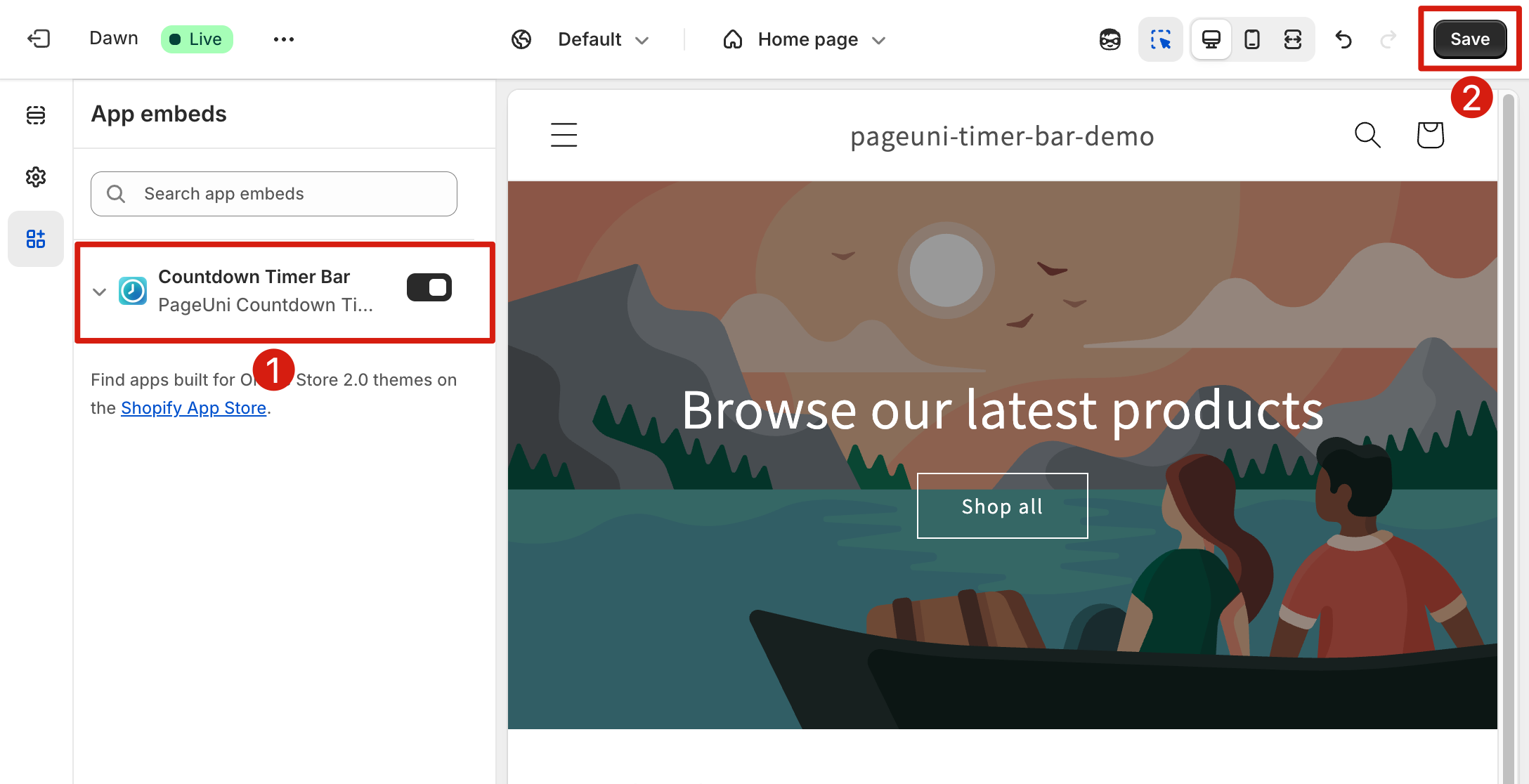 Activate PageUni Countdown Timer in theme editor