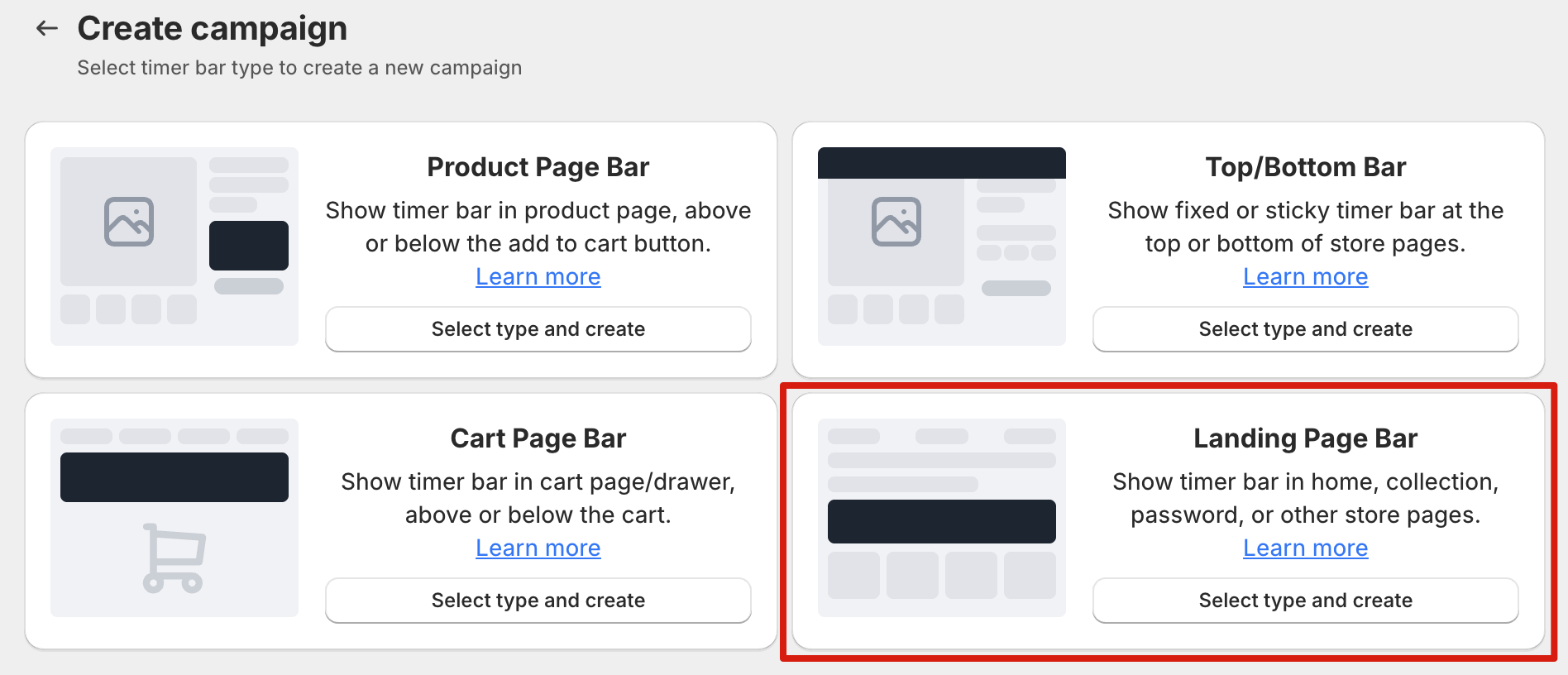 Select Landing Page Bar and create