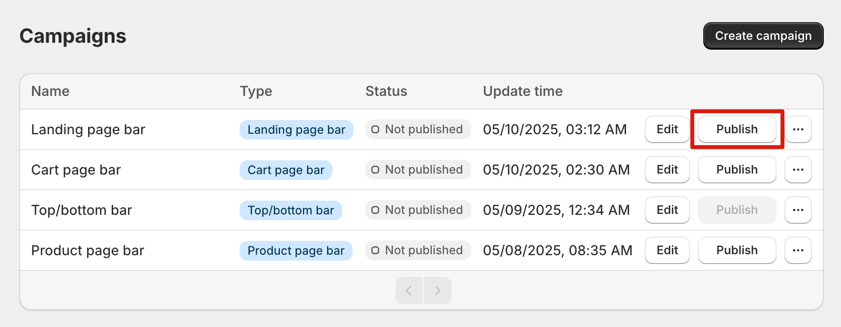 Publish button in Dashboard