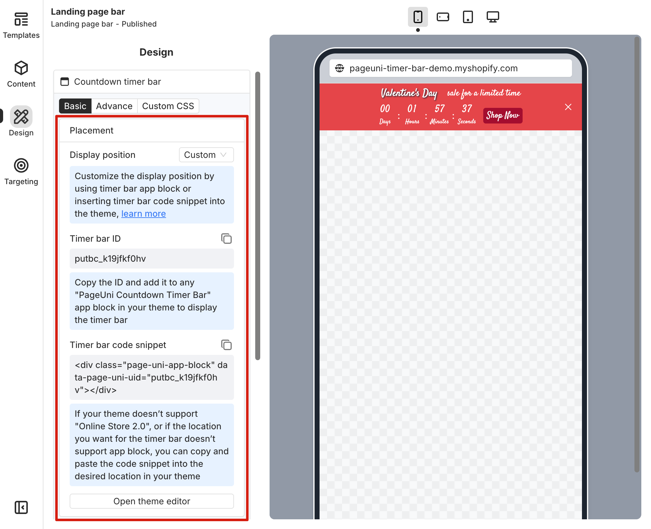 Landing Page Bar custom placement