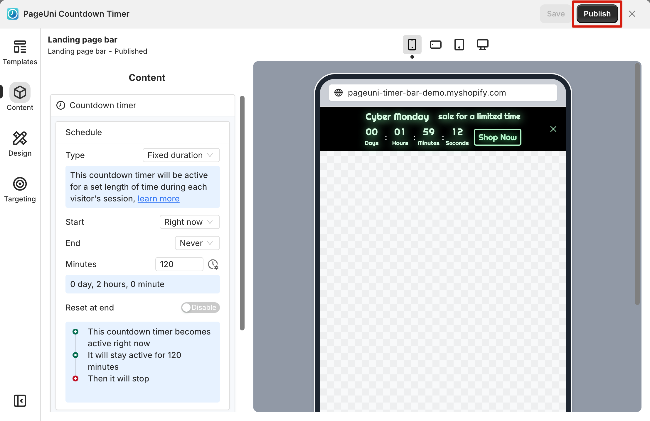 Publish button in timer bar builder