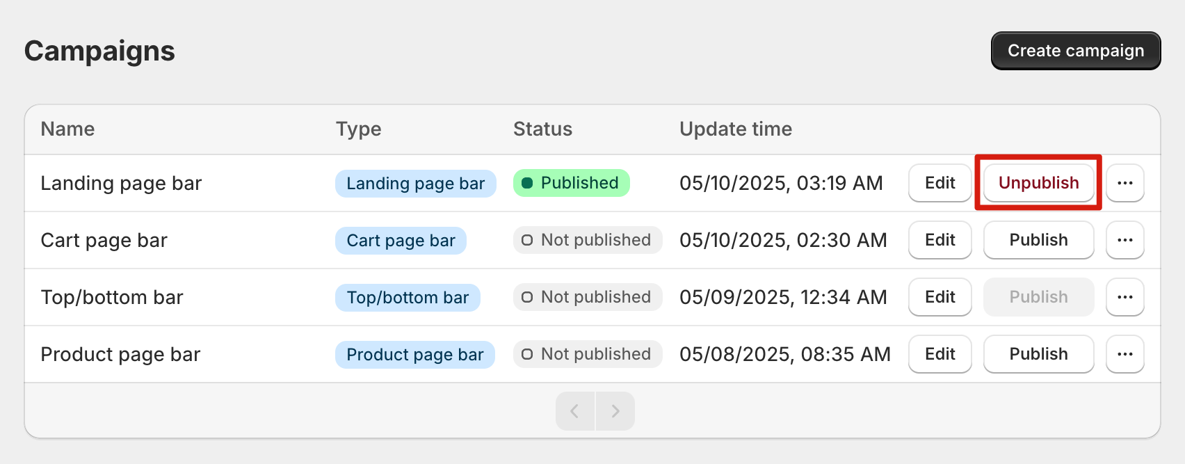 Unpublish button in timer bar builder
