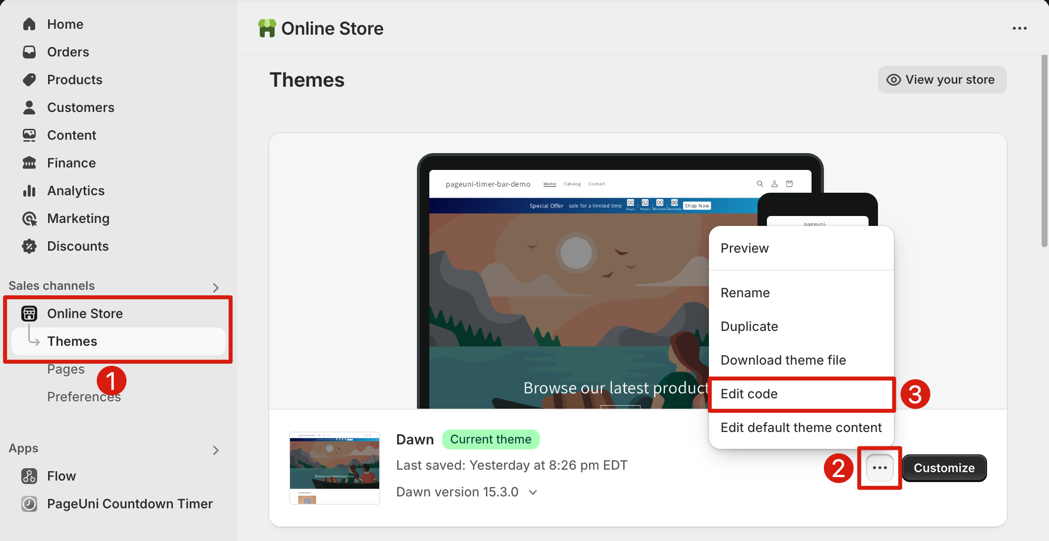 Go to theme code editor