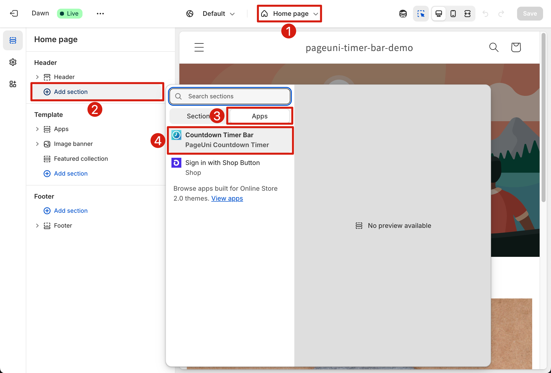 Add PageUni Countdown Timer app block