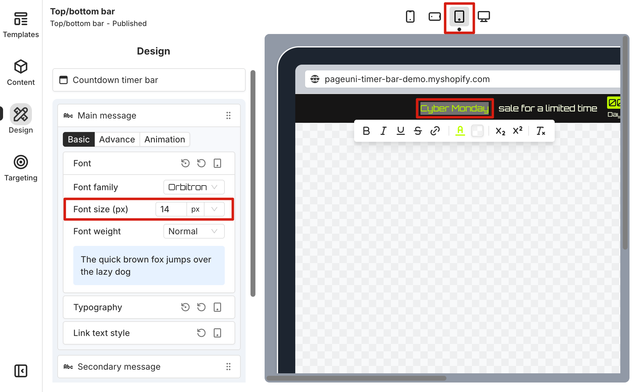 Increase font size on tablet view