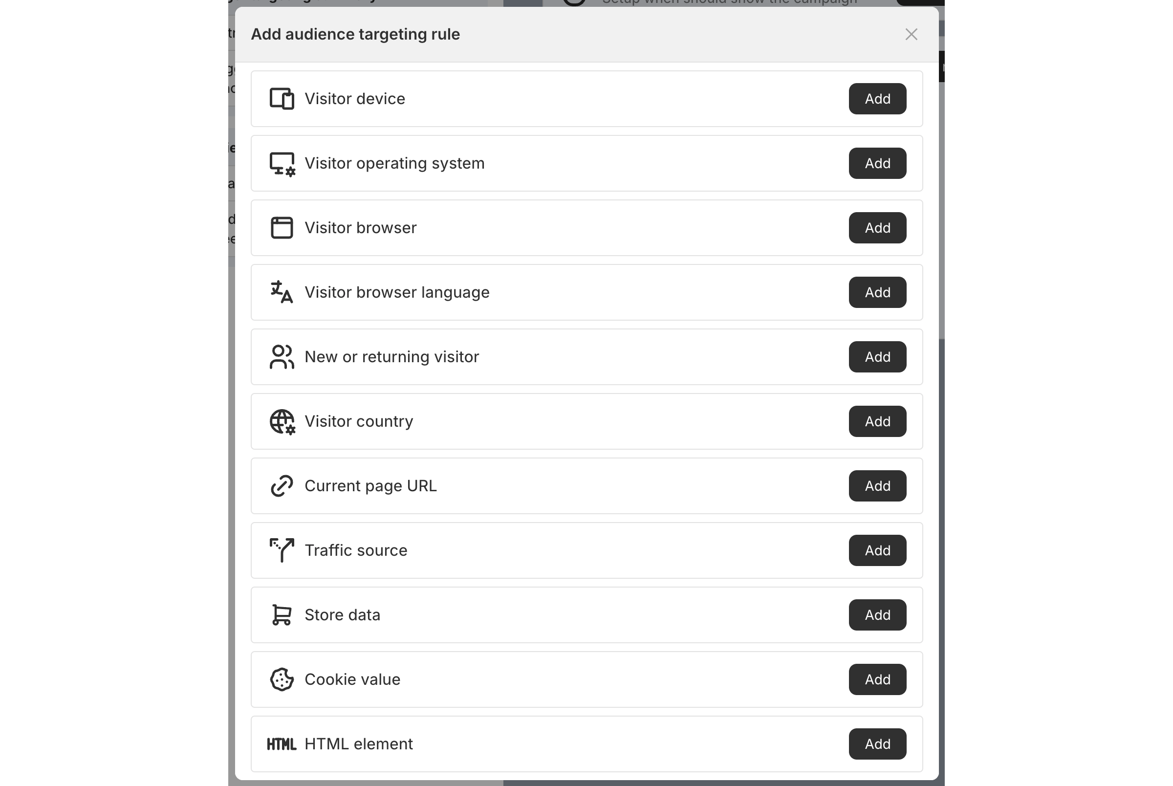 Add audience targeting rule popup