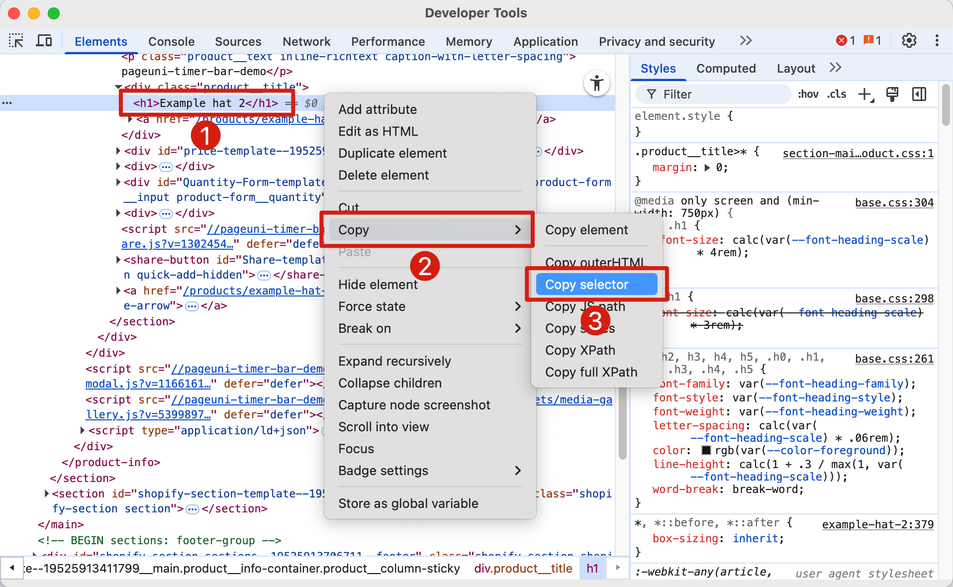 Copy selector in developer tools