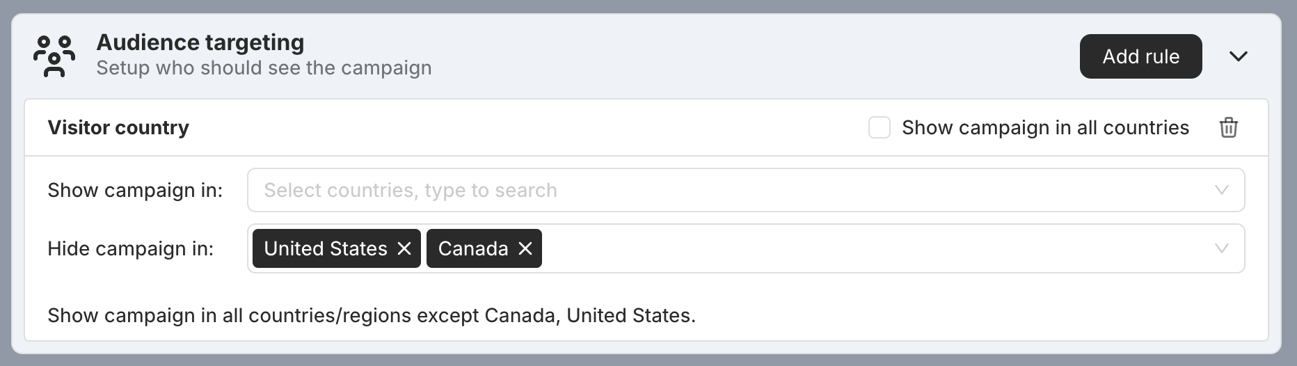 Visitor country targeting hide in countries
