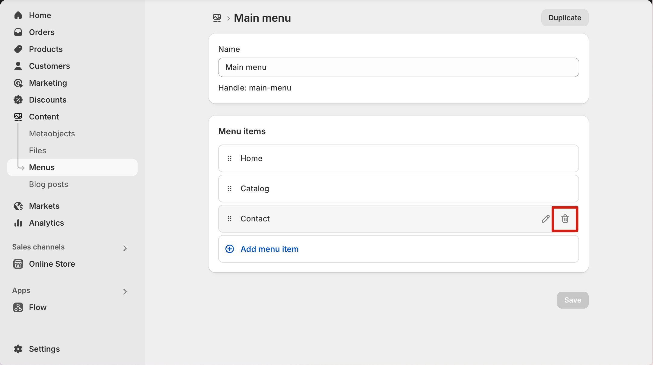 Delete Menu Item