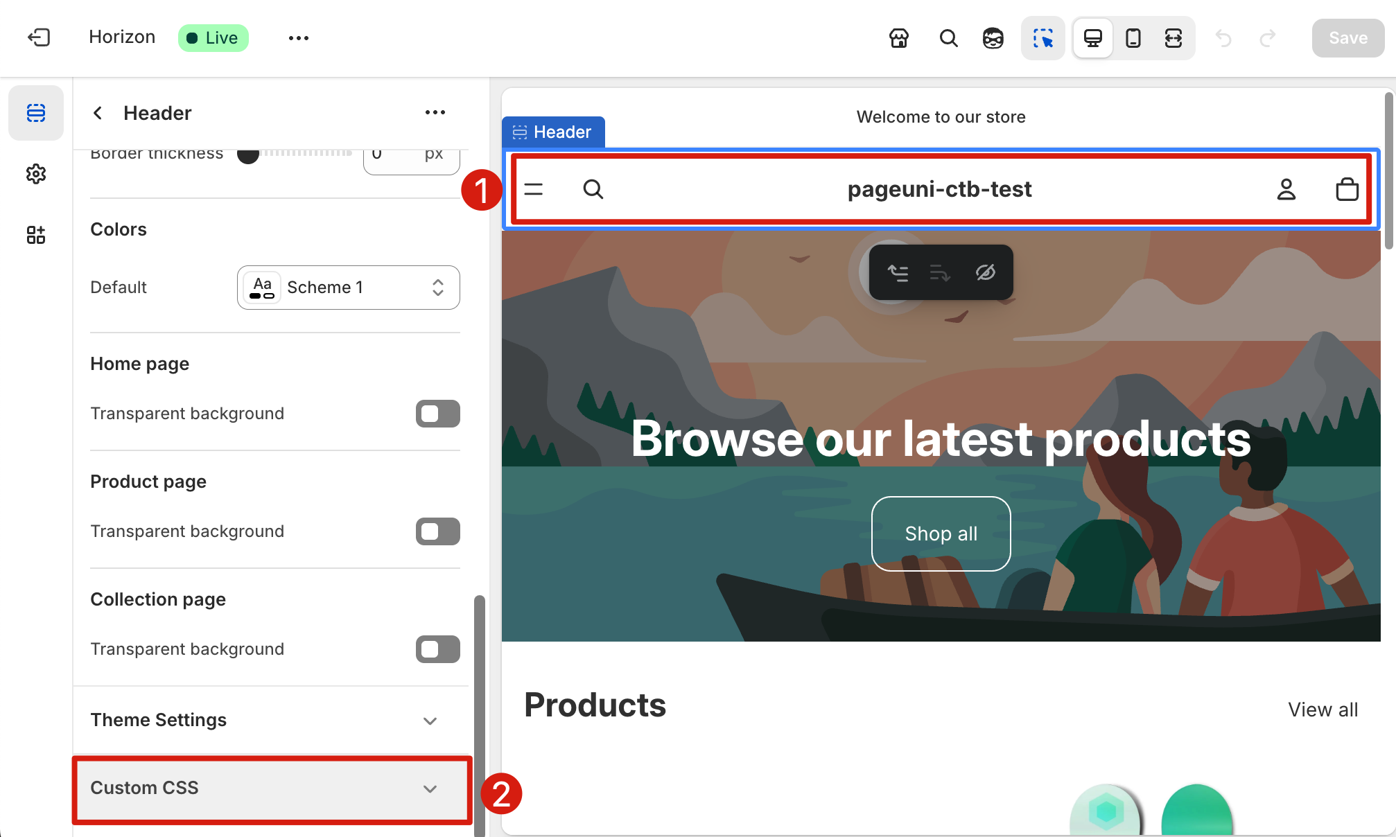 Select Custom CSS Option of Header